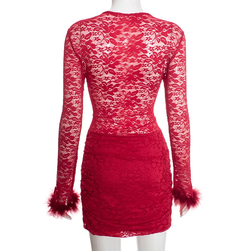 Feathers Spliced Cross Lace Ruched Bodycon Mini Dress Women Fashion Sexy O Neck Long Sleeve Slim Party Clubwear Christmas Outfit