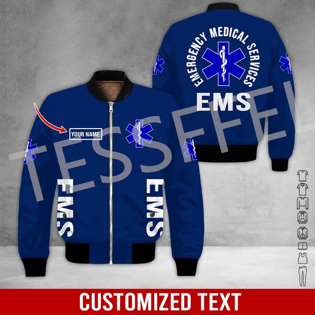 

Custom Name Cosplay EMS EMT Medical Paramedic Worker Tattoo 3DPrint Streetwear Winter Windbreaker Warm Coat Bomber Jacket X3