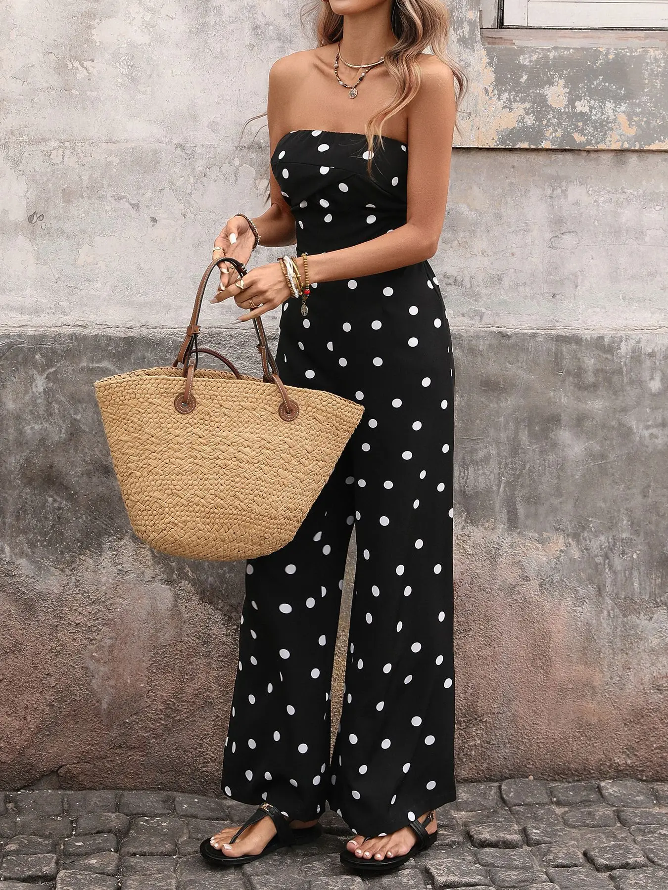 

2026 New Summer Women Black White Polka Dot Strapless Jumpsuit High Waist Flowy Wide Leg Long Pants Holiday Beach Casual Outfit