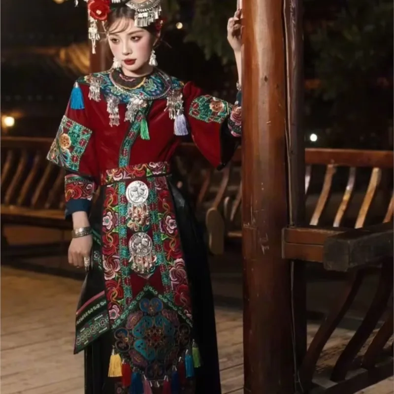 

New style of clothing Women's red embroidered coat shoulder and ribbon long dress ethnic performance costume