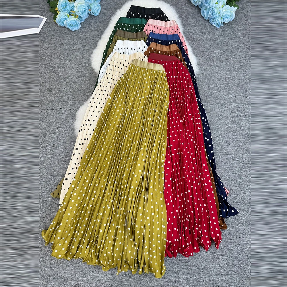 جديد ارتفاع الخصر التنانير الطويلة النسائية 2026 ماكسي مطوي تنورة النساء الملابس الأنيقة مكتب سيدة الموضة لامع نقطة تنورة #1