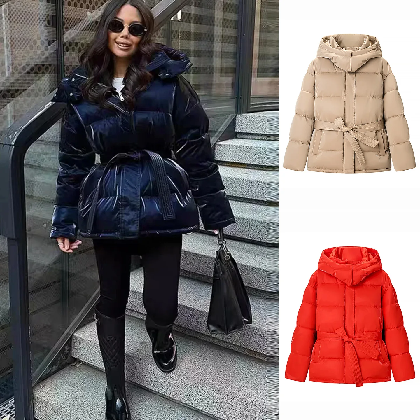 

Новая женская хлопковая куртка на весну с узлом, длинными рукавами, капюшоном, утепленная, с глянцевой поверхностью, на молнии, прямого кроя.