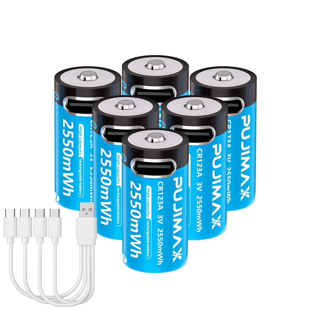 PUJIMAX Type-C oplaadbare CR123A 2550mWh 3V lithiumbatterij Oplaadbare batterij Hoge capaciteit Draagbare stabiele uitgang