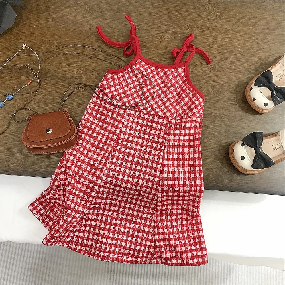 Kids Girls Red Dress Spaghetti Strap Plaid Print Sleeveless A-Line Cotton Vestidos 2-8Y Children Summer Casual Outfits Clothing