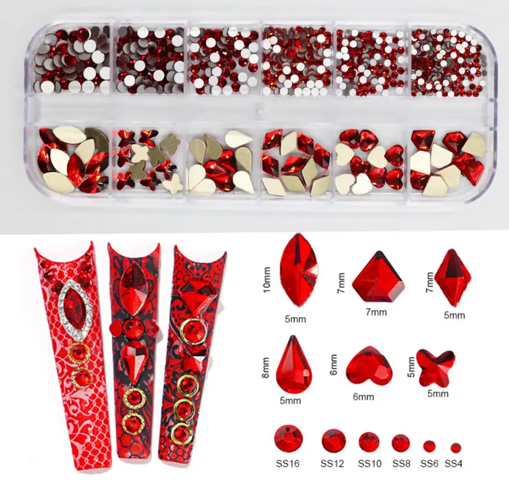 12Gird Box Multi Size AB/Colorful Hotfix Rhinestones Flatback Crystal Diamond Gems 3D Glitter Nail Art Luxurious Decorations