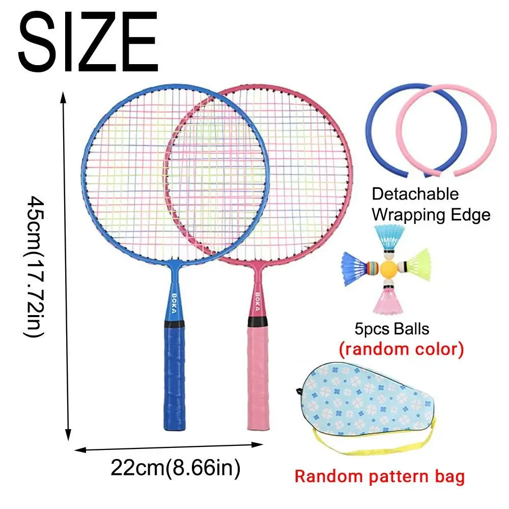 ไม้แบดมินตันเด็กดูดซับแรงกระแทกแบบพกพา Soft Grip ชุดไม้แบดมินตันพร้อมโลหะผสมเหล็ก 5 ลูก