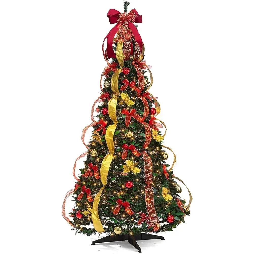

6 ft Pre- Pop Up Christmas Tree with 350 Warm Lights, Gold and Red Color, Polyvinyl Chloride Material, Lighted Christmas Tree