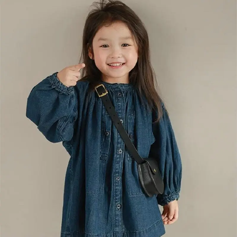 Vestido de mezclilla lavado para niñas, camisa de cuello alto, única botonadura, traje de moda para niños, vestidos para bebés, primavera, otoño,