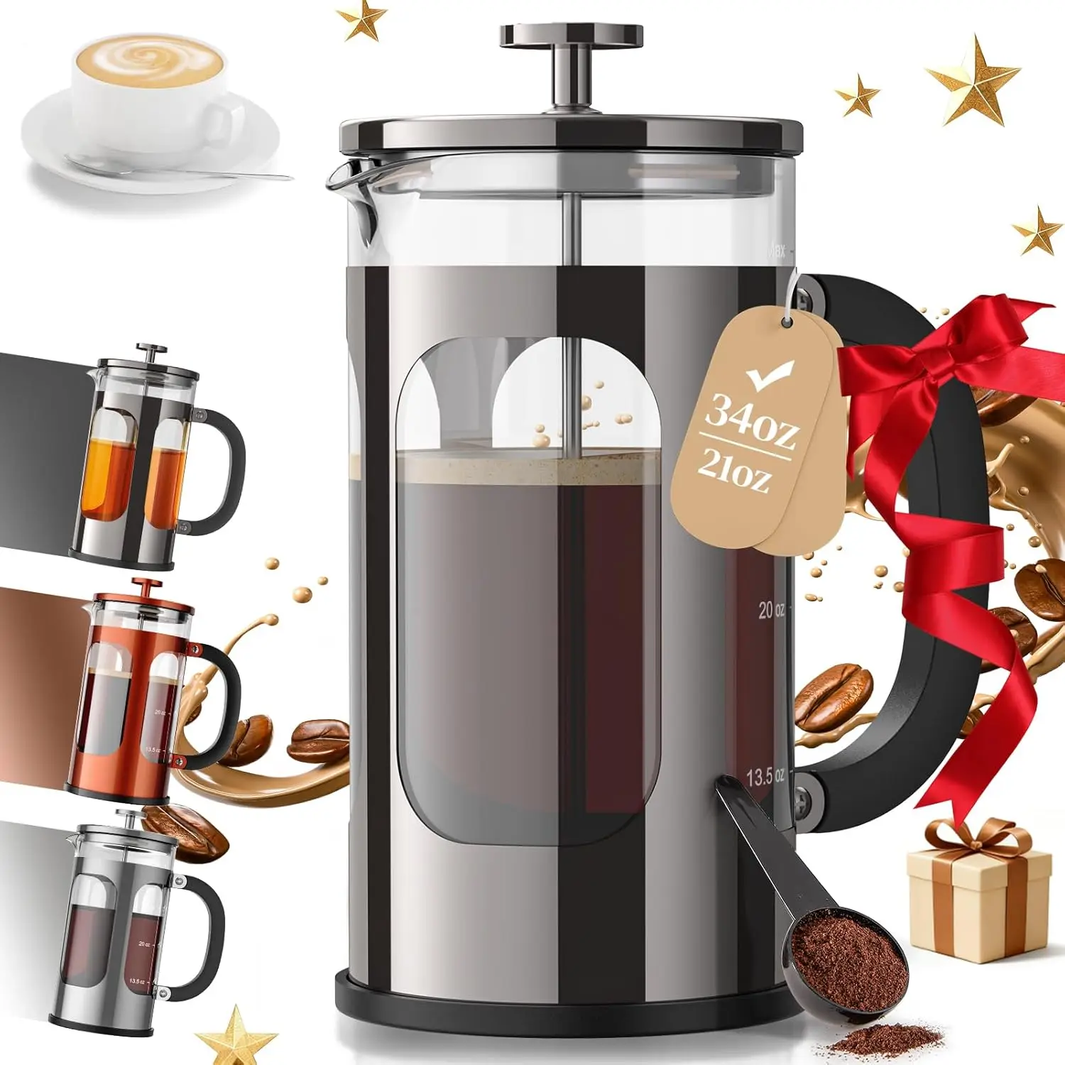 

French Press Coffee Maker 34oz,No Plastic Touching Cafe,Thickened Borosilicate Glass Stainless Steel Brewer,Cold Brew