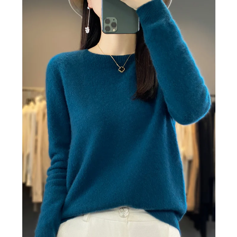 100% Merino Wool New O Neck Sweater Women Loose Ssolid Color Hhollow-Out Pullover Base Shirt with Warm Autumn And Winter Top