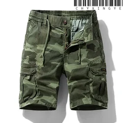 Calções masculinos de carga Bermuda de algodão denim camuflado, calças casuais de bolso múltiplo, calças masculinas para primavera e verão