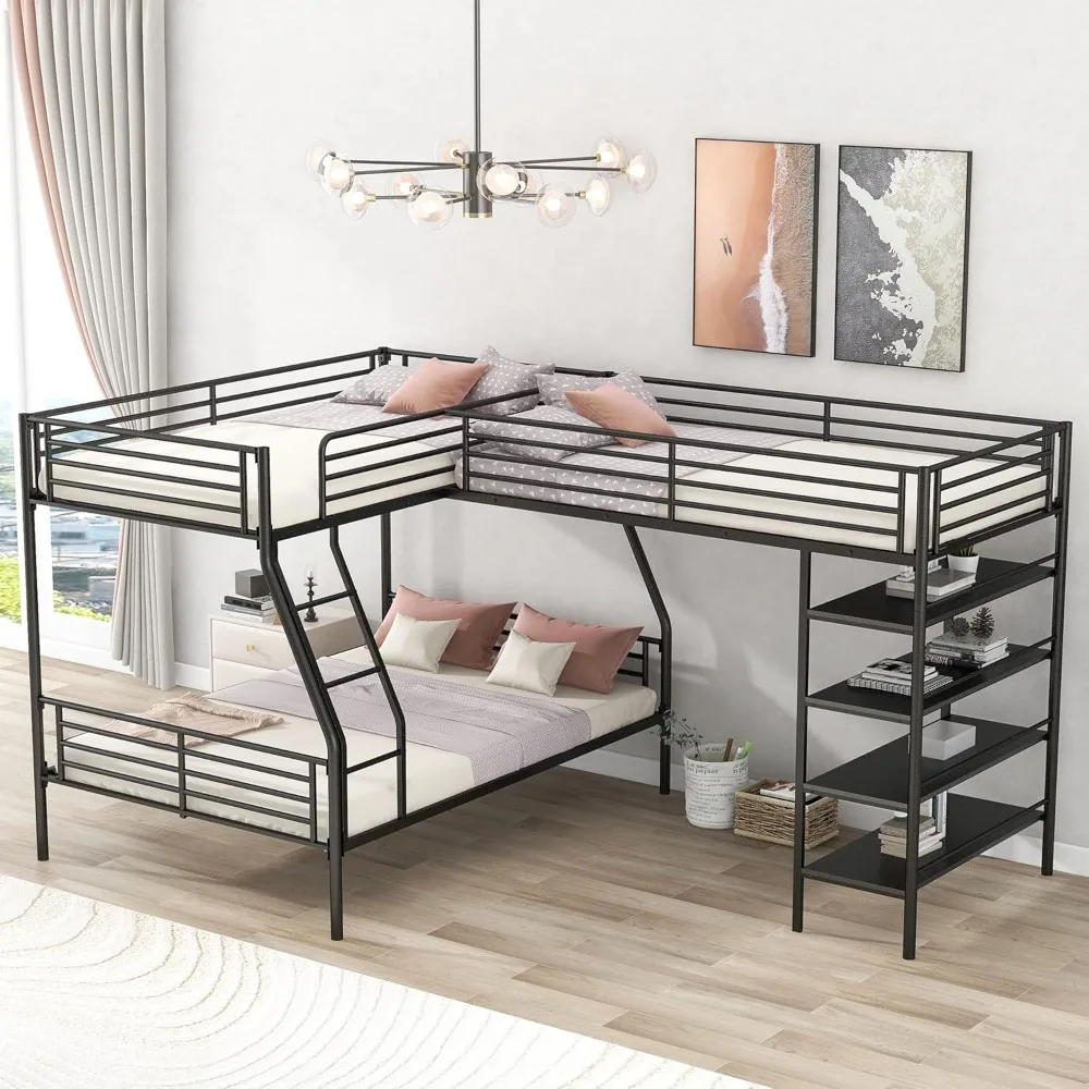 Triple Bunk Bed, Full L-shaped Bunk Bed, 3 Beds with Storage Shelves, Double-layer Metal Frame Black Corner Loft Bed