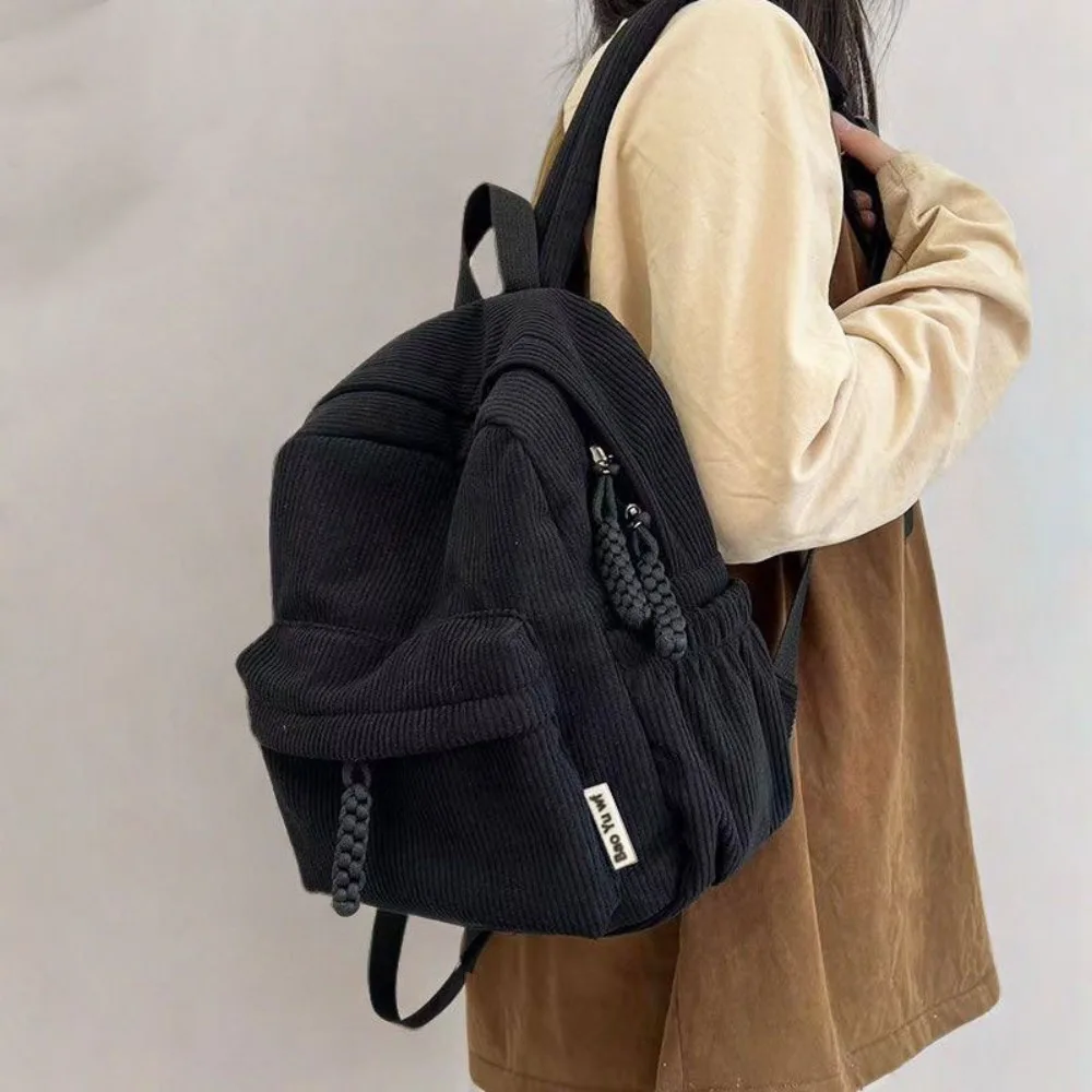 Teenager Solid Color Corduroy Backpack Handbag Rucksack Small School Bags Casual Commuting Student Book Bags Female