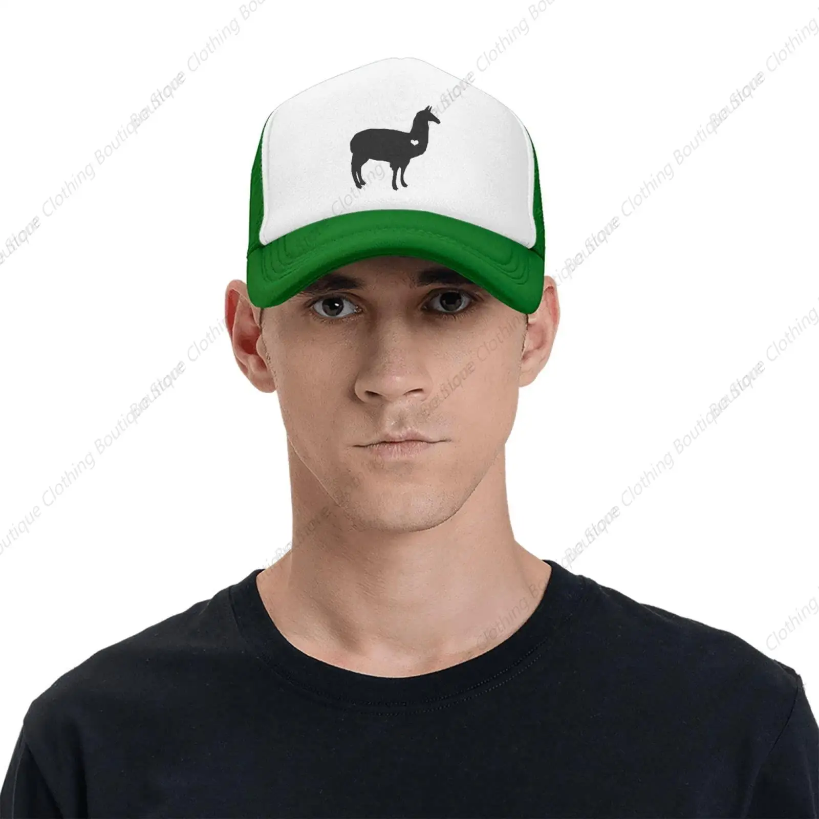 Llama Alpaca Silhouette Mesh Baseball Cap, Heart Adjustable Trucker Hat Snapback Hiphop Cap for Men Women Green