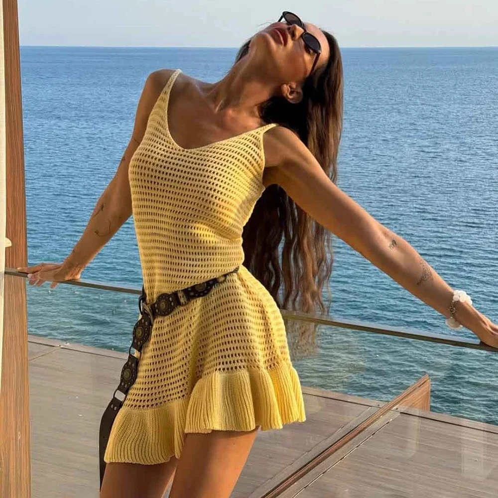 

Knit Ruffle Mini Dress Women's Summer Sexy Hollow Out Beach Holiday Sleeveless Halter Dress Solid Slim Short Dresses