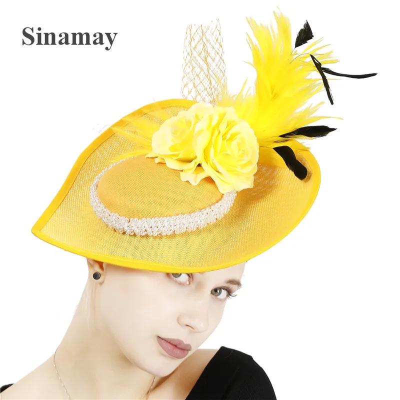 Sinamay Feather Fascinator Hat for Women with Pearls Flowers，Kentucky Derby Veil Hat Bridal Wedding Tea Party Headwear