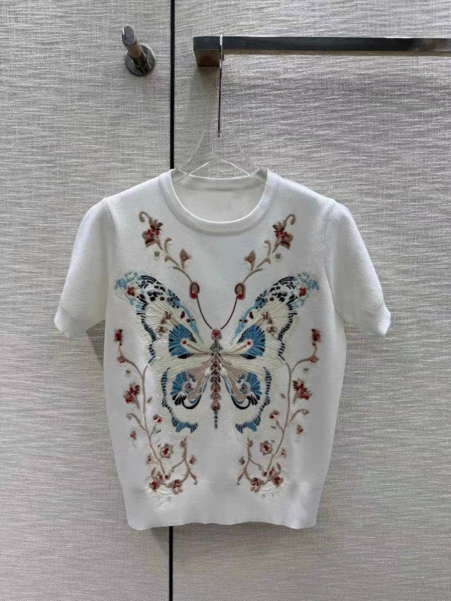 Summer Women's Luxury Design Butterfly Embroidery Knitted Sweater European Style Knitwear Short Sleeve Casual Pullover Jumper