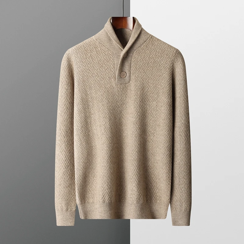 Men's Autumn Winter 100%Cashmere Sweater Pullover Shawl Collar Chevron Textured Knit Classic Sophisticated Minimalist Knit Top