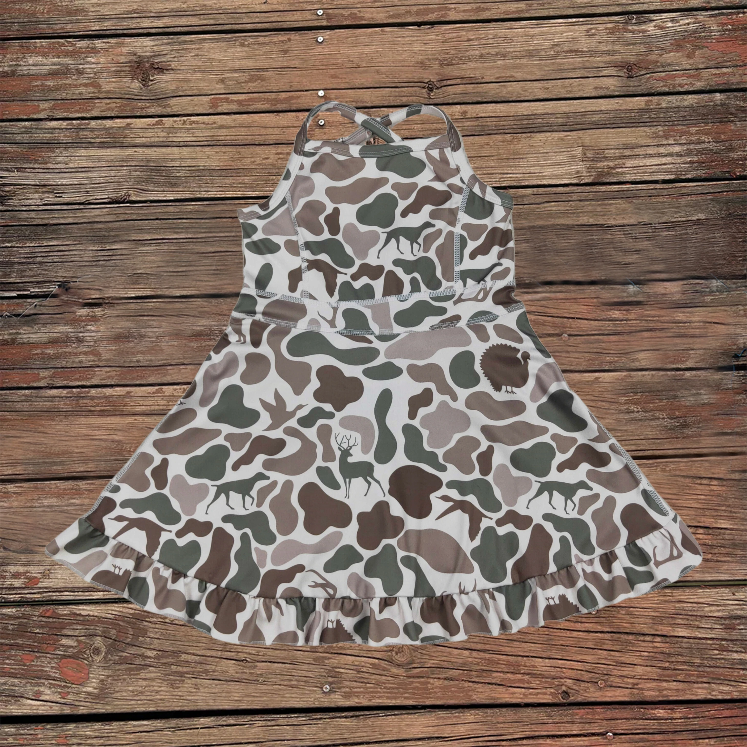 Wholesale Toddler Summer Baby Girls Strap Green Deer Dogs Ducks Camo Skorts Athletic Knee Length Dress Kids Children Clothes