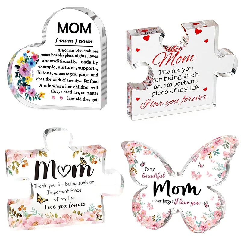 Transparent Acrylic Ornaments Mom Gifts Puzzle Heart Shape Acrylic Plaque Mother's Day Birthday Gift From Daughter Son Kids