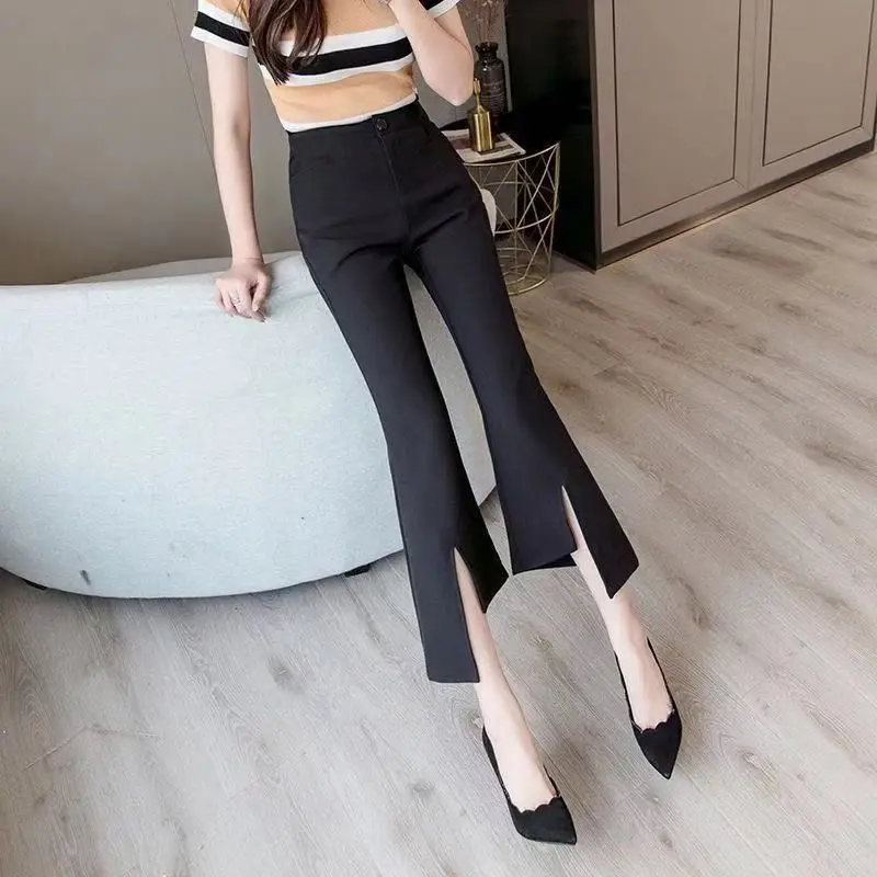 Spring Autumn Women's Clothing Solid Color High Waisted Button Zipper Pockets Elegant Casual Asymmetrical Wide Leg Cropped Pants