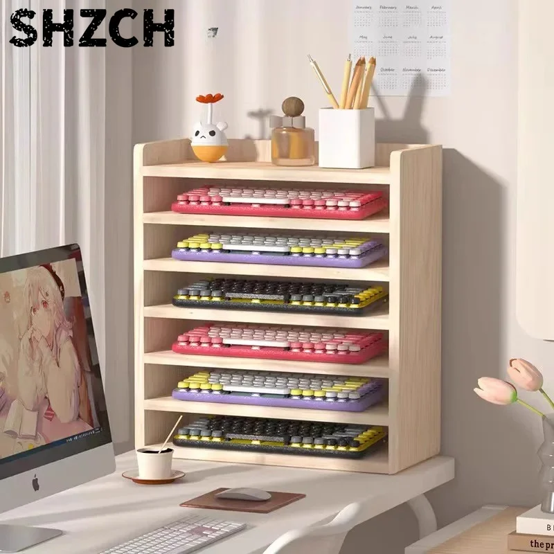 Wooden Keyboard Organizer - Dustproof Storage for Office Supplies & Mechanical Keyboards, Multi-Layer Display Rack