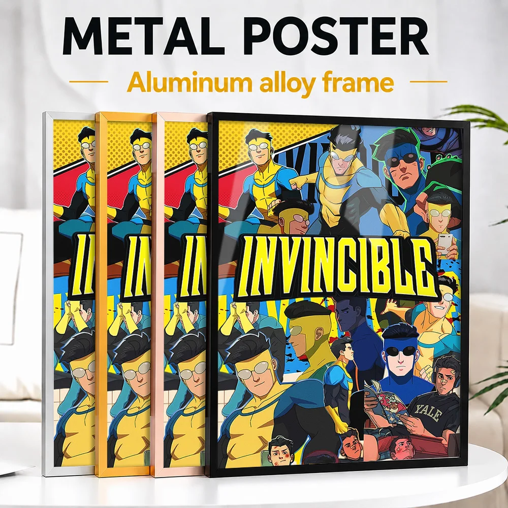 Invincible Character Collage Framed Metal Poster Personalized Photo Heroic Comic Style Wall Art For Media Room Action Fan Gift