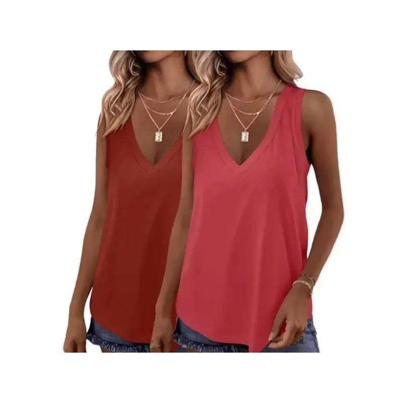 2025 Summer New 2 Pack V Neck Solid Color Vest Loose Sleeveless T Shirt Casual