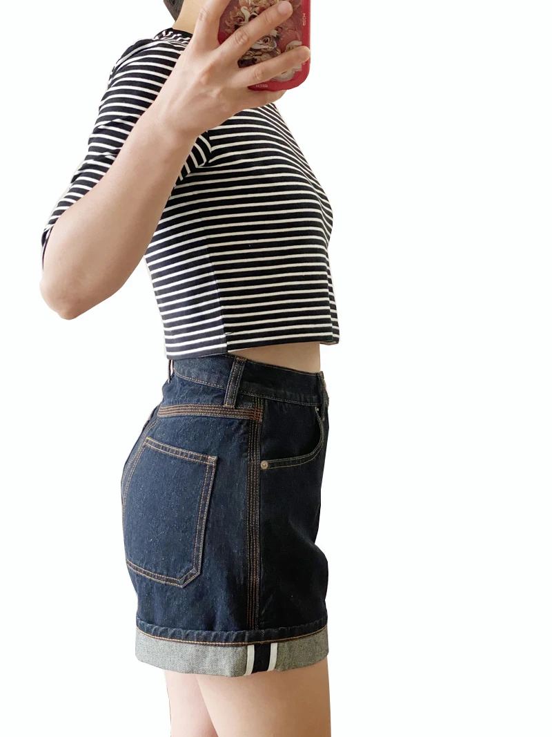 Short en jean taille haute pour femme, short décontracté, bleu foncé, bord roulé, cuir adt, lavé, abonnés, été, nouveau, 2024