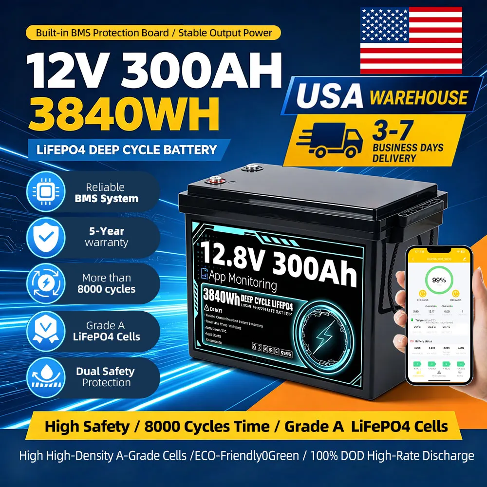 3840Wh Lithium Battery LiFePO4 12V 300Ah  , Bluetooth Smart Monitoring, Deep Cycle Rechargeable Battery for RV, Boat, Camper, Solar System and Backup Power