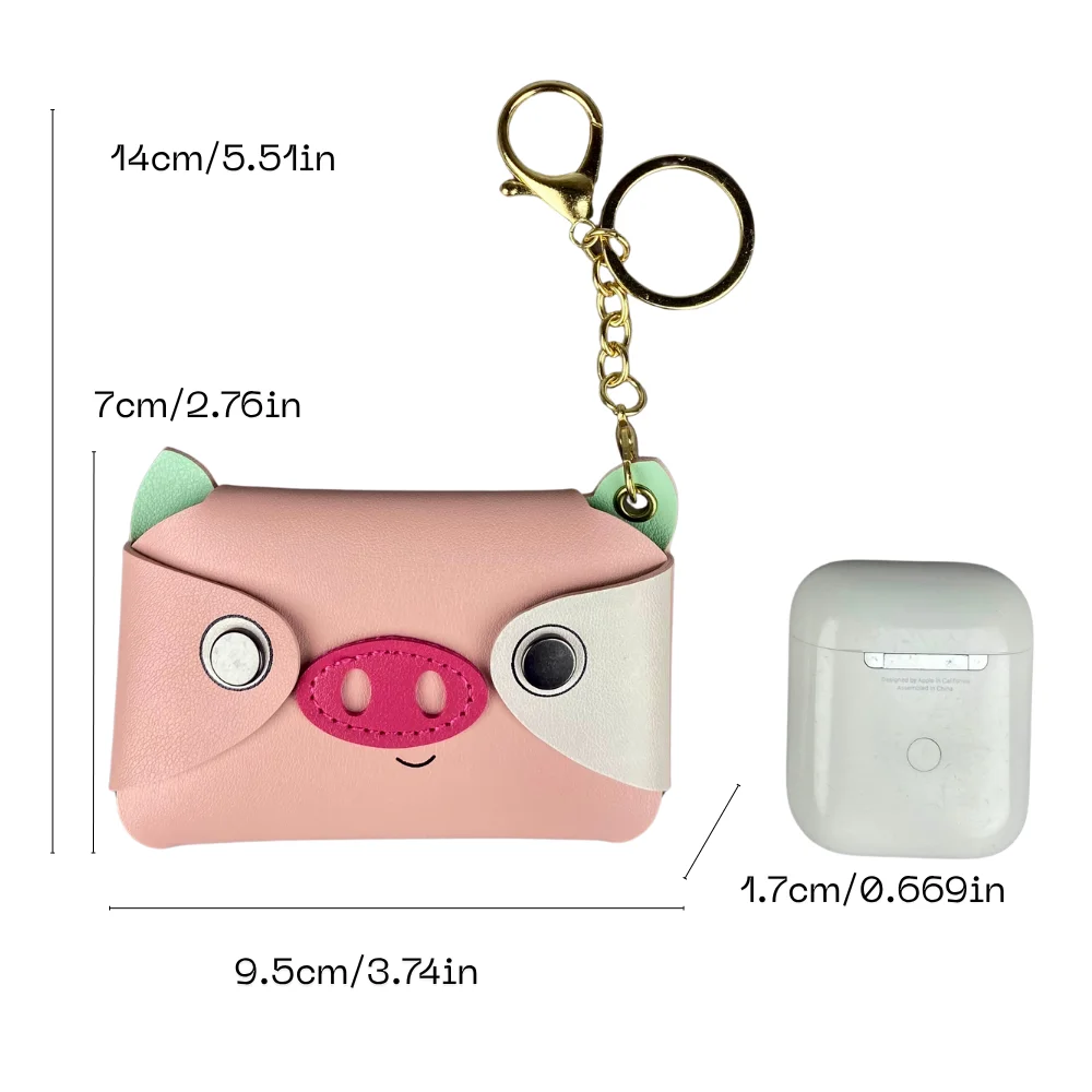 Tarjetero con llavero: lindo animal (cachorro, gatito, cerdito), mini bolsa de cuero PU para tarjetas, auriculares, monedas y lápiz labial, dije de bolso