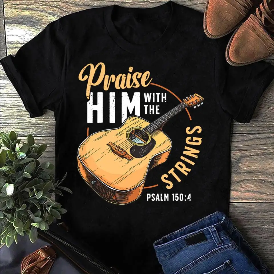 

Praise Him with The Strings Bible Psalm Christian Guitar T-shirt Men's Tracksuit Cotton Casual Sportswear Short Sleeve Pullover