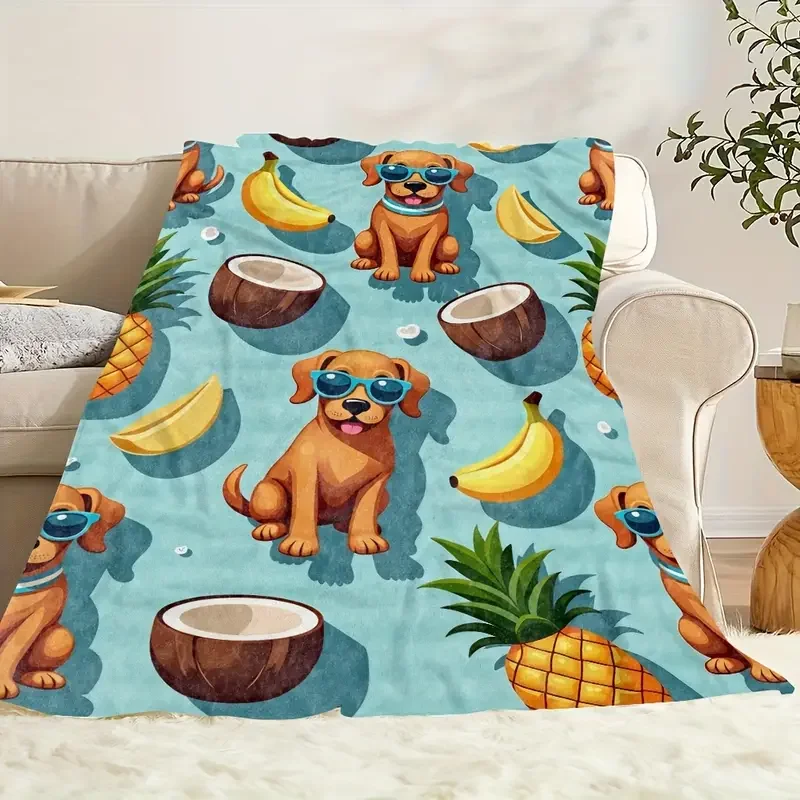 بطانية فانيلا على شكل جرو وجوز الهند والأناناس من قطعة واحدة - مناسبة لجميع المواسم، رائعة للتخييم والسفر والسرير وعيد الميلاد