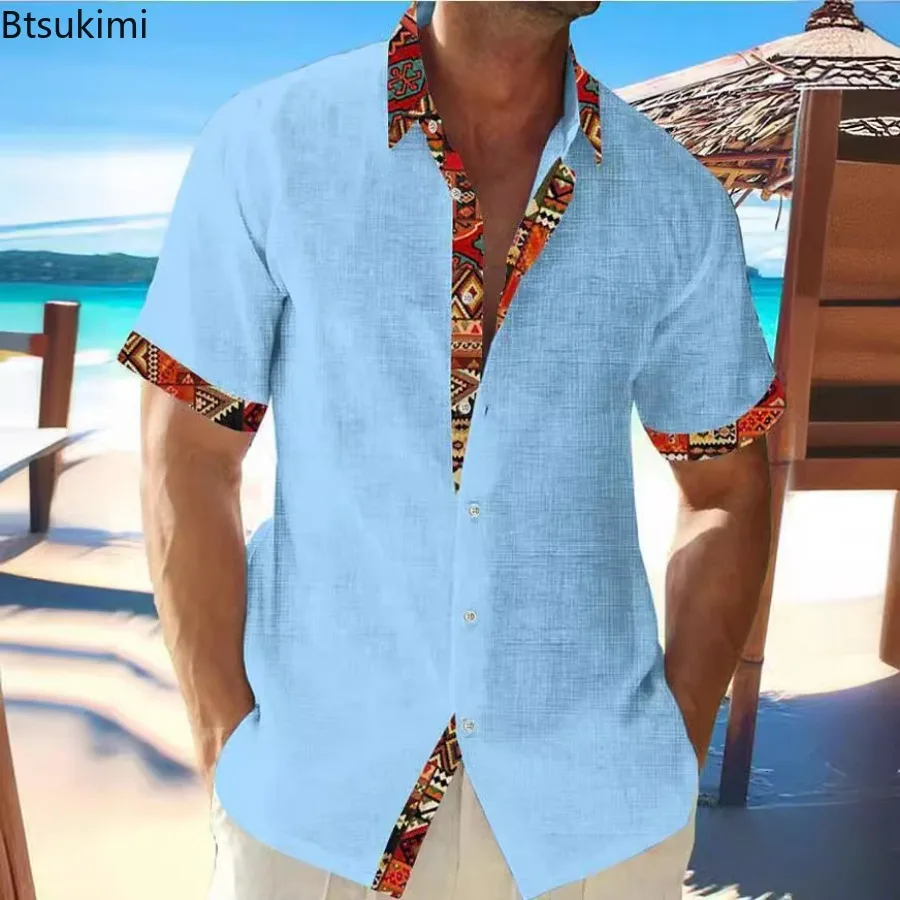 Camisa havaiana masculina para férias na praia, cardigã de lapela de manga curta, camisa casual solta, blusa de retalho, verão, 2024