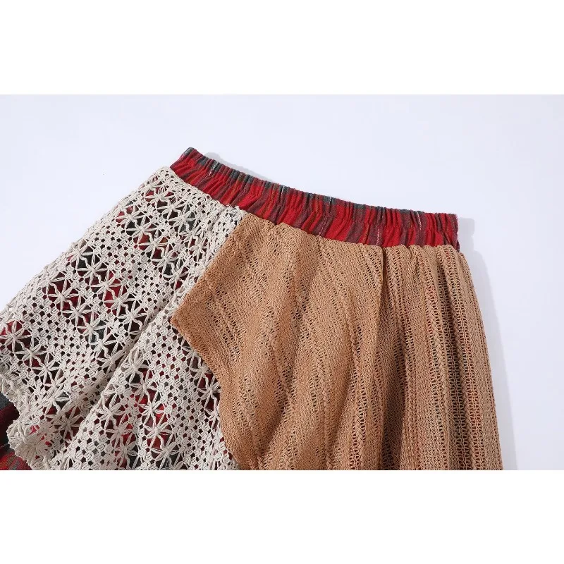 1 stks dames vintage hoge taille lange rok onregelmatige geruite kant patchwork halve rok retro a-lijn rok voor dagelijks gebruik