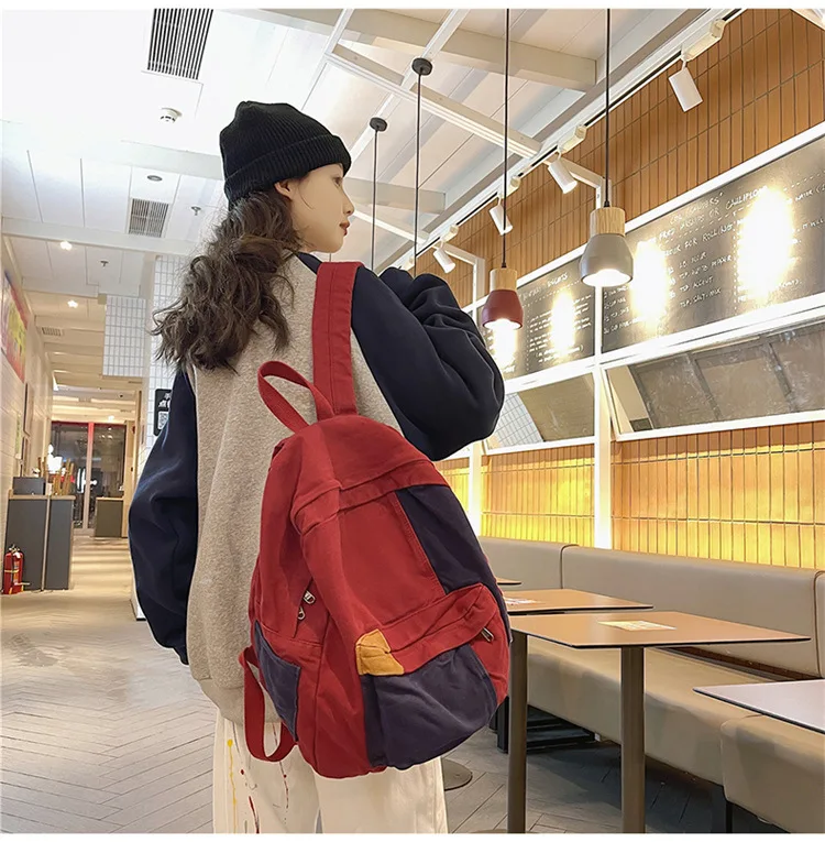 Contrast Color Block Canvas Backpack Large Capacity Casual School Travel Rucksack for Student Daily Use