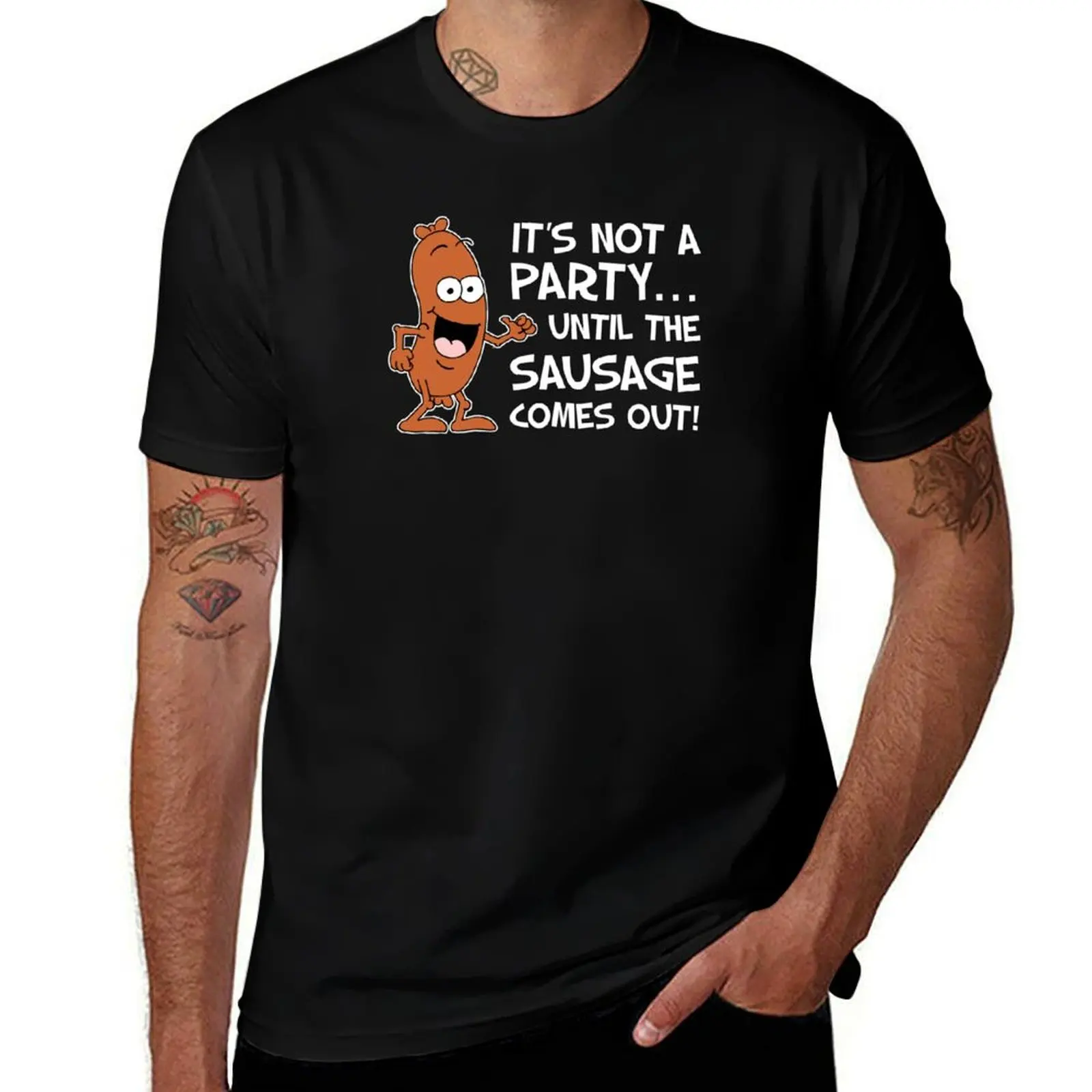 It's Not A Party Until The Sausage Comes Out Cartoon T-Shirt Breathable Mesh Panel T-Shirt