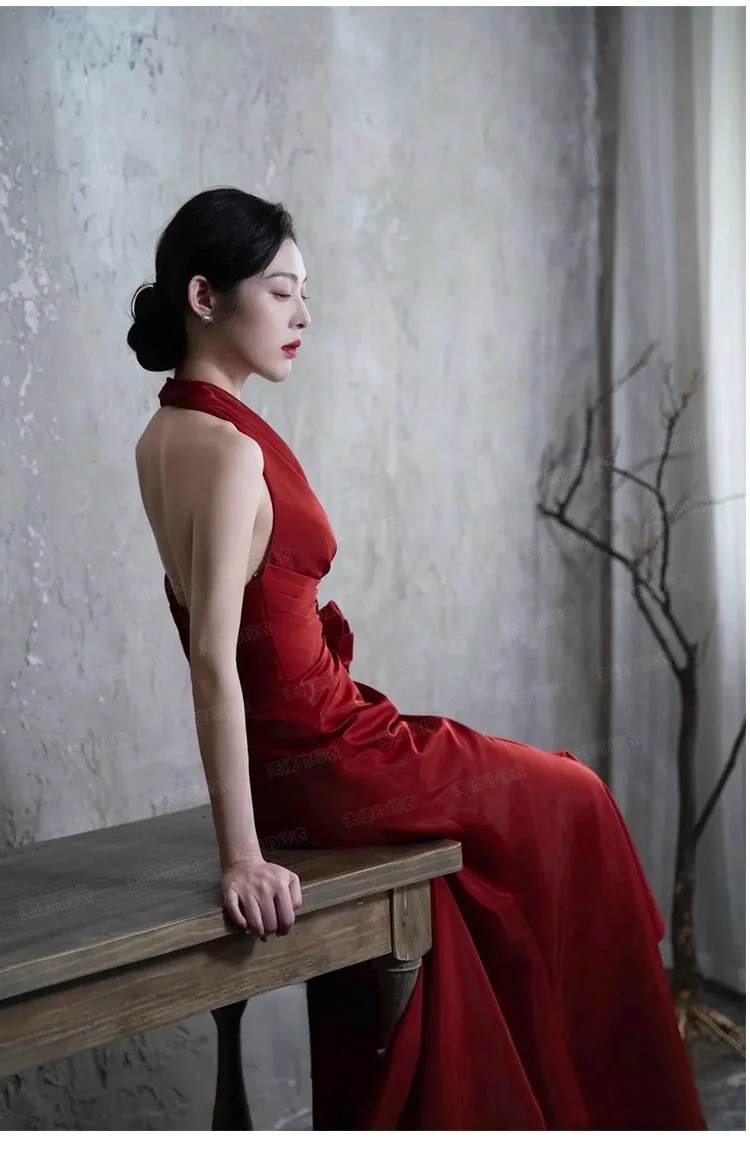 3XL Girl Birthday Elegant V-neck Romantic Backless Evening Dress Red Satin High Waist Split Irregular Trailing Fishtail Dresses