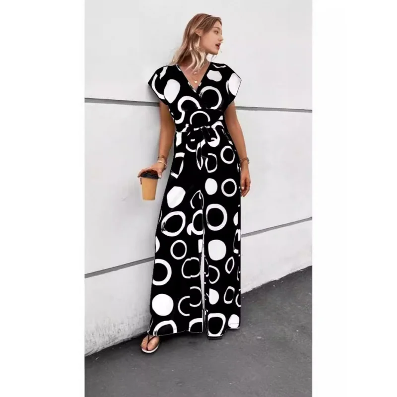 2024New Product Fashion Elegant CasualVCollar High Waist Print Wide Leg Belt Jumpsuit