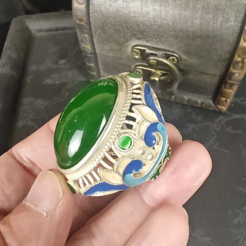 Vintage Cloisonné-Emaille-Ring, Unisex, Blumenmuster, Metall, große Imitation von grünem Jade, auffälliger Fingerring, Schmuck für Männer und Frauen, Geschenk für Partys. – Detail 2