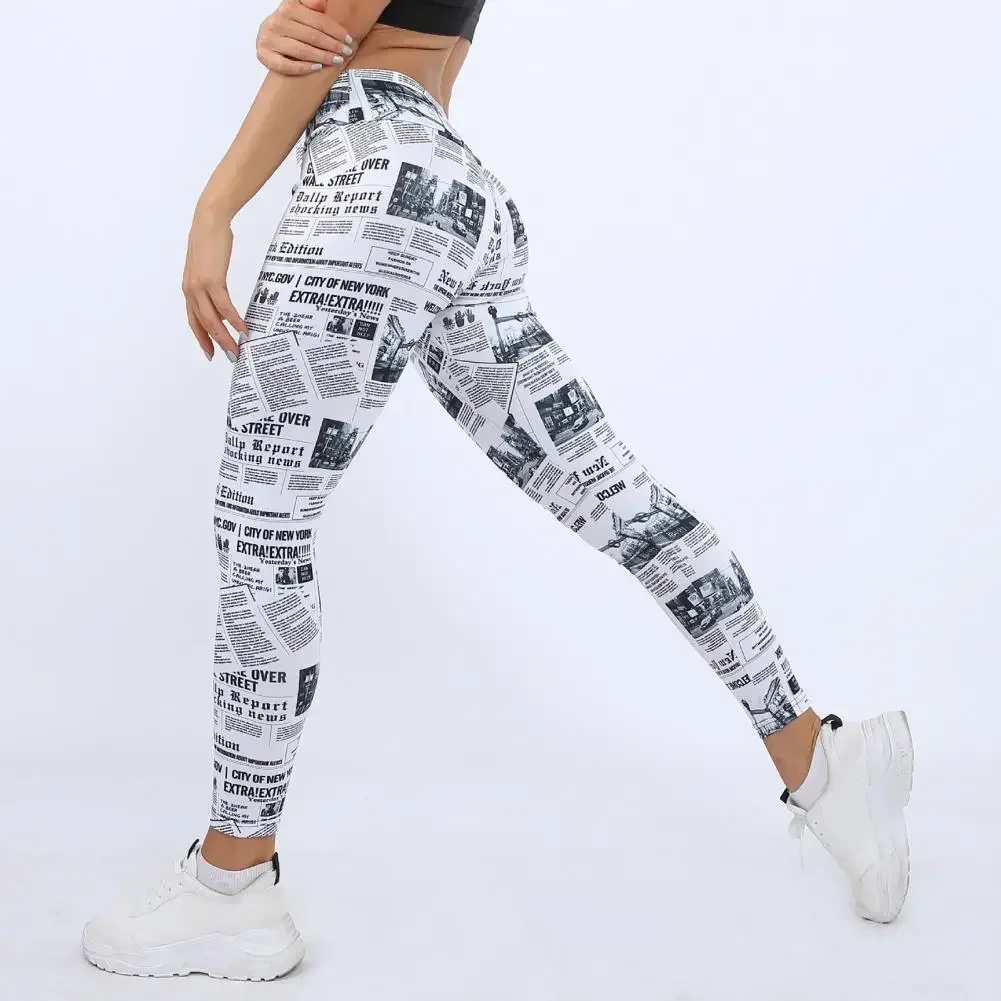 TPJB Yoga-Hose für Damen, lässig, dehnbar, atmungsaktiv, Zeitungsbriefdruck, modisch, sexy Workout-Leggings, Hose für Übungen