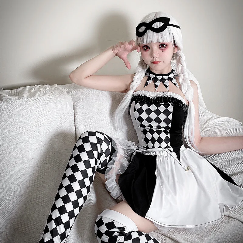 Halloween Clown Circus Costumes Japanese Anime Lolita Women Cosplay Party Dress School Girl Clown Role Play Plaid Uniform 2024