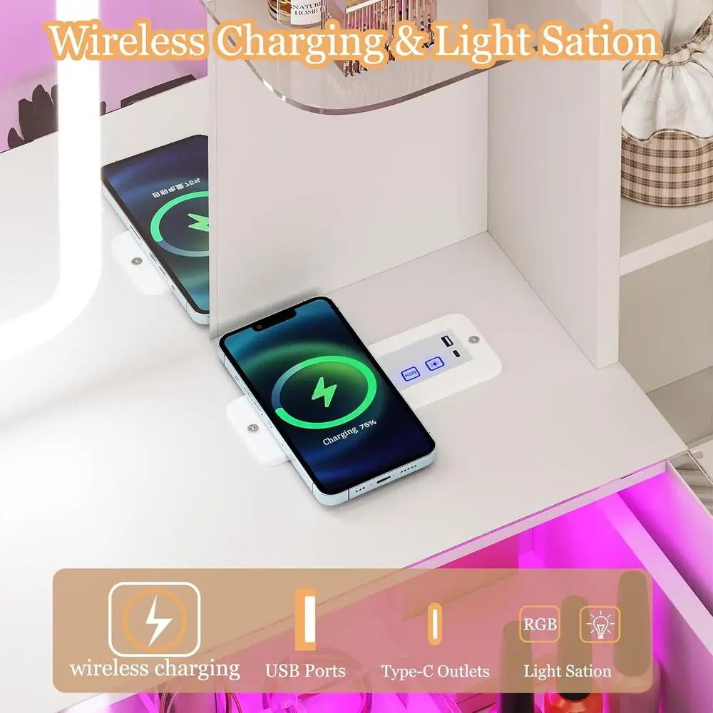 43 LED-lit Makeup Vanity Desk with Glass Top, Wireless Charging, RGB Drawers, 3 Light Colors & Power Outlet Switch image 2