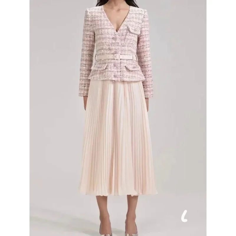2024 New Spring Top Quality Belted Pink Sequined Sparkle Tweed Pleated Chiffon Mid-calf Length Women Elegant Dress image 2