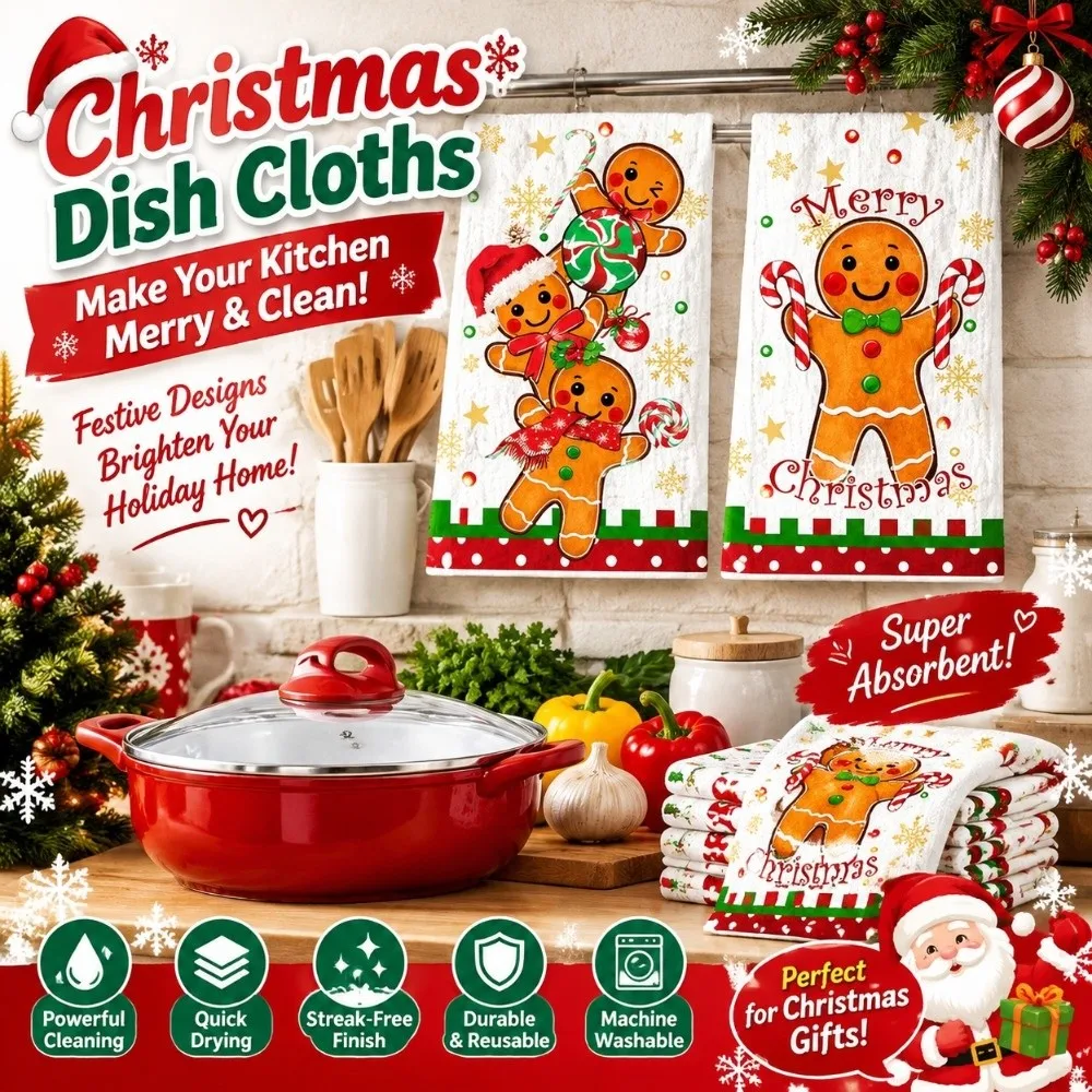 2pcs Microfiber Christmas Kitchen Dish Towel Plaid Absorbent Christmas Dishcloth Set Gingerbread Man Santa Claus Cleaning Cloths