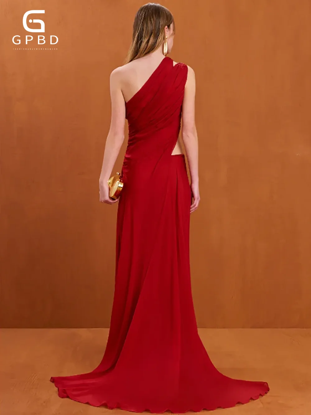 Women's Sexy One-Shoulder Red Maxi Party Dress with Cut-Out Detail Folds Slit Flowing Elegant Stylish Evening Party Gown