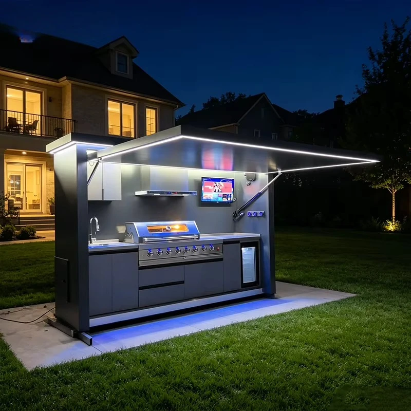 Rustproof 304 Stainless Steel Outdoor Kitchen Island With Remote Controlled Lift Up Roof And LED Ambient Light