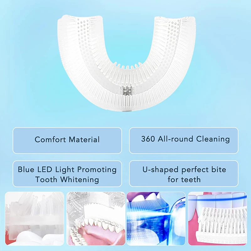 Cepillo de dientes sónico para blanquear los dientes, cepillo de dientes tipo U, cepillo de dientes suave eléctrico automático de silicona ultrasónico de 360 grados