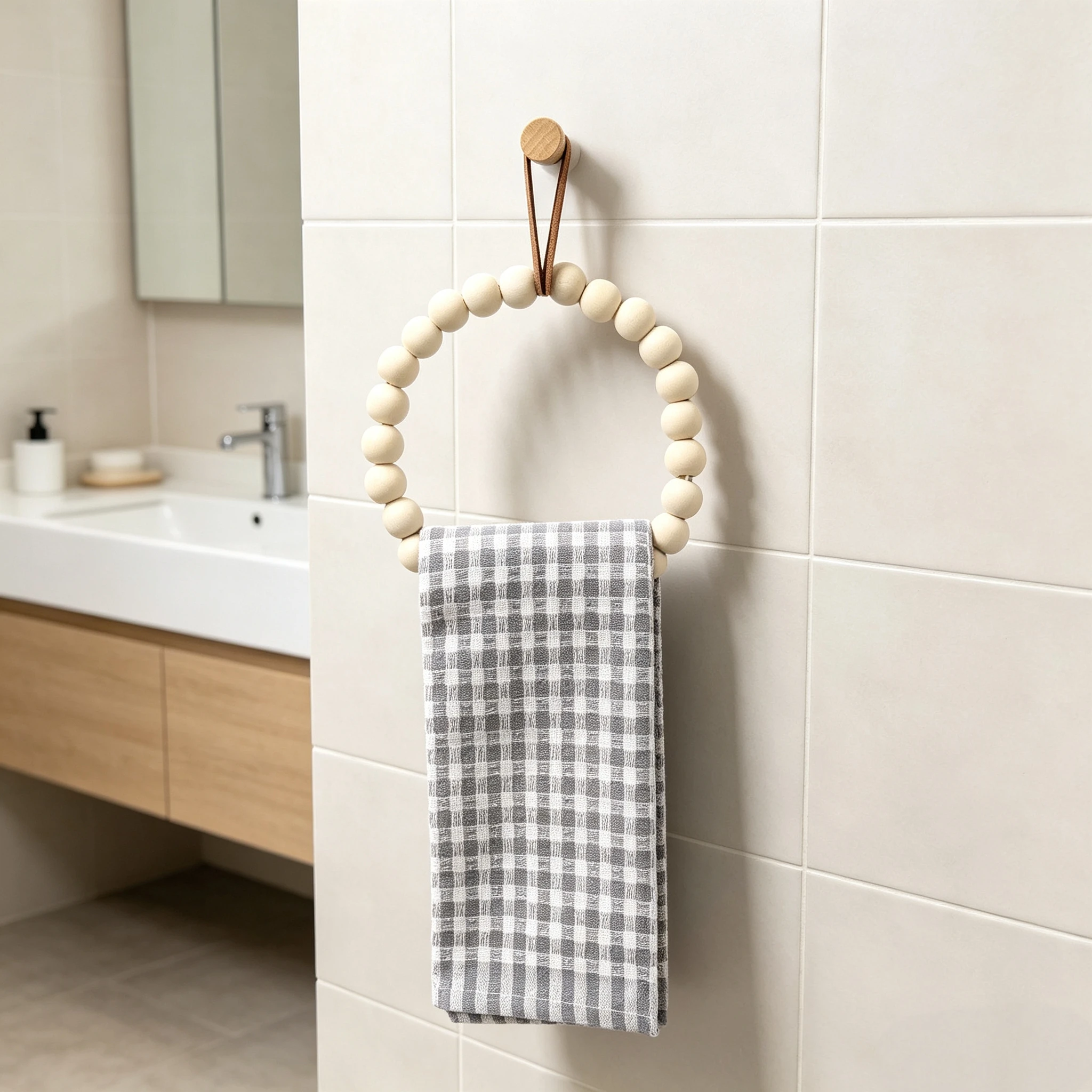 No Drill Suction Cup Bathroom Towel Rack -Bohemian Style Wooden Bead Ring Design With Solid Wood Hooks(No Screws Needed) ﻿