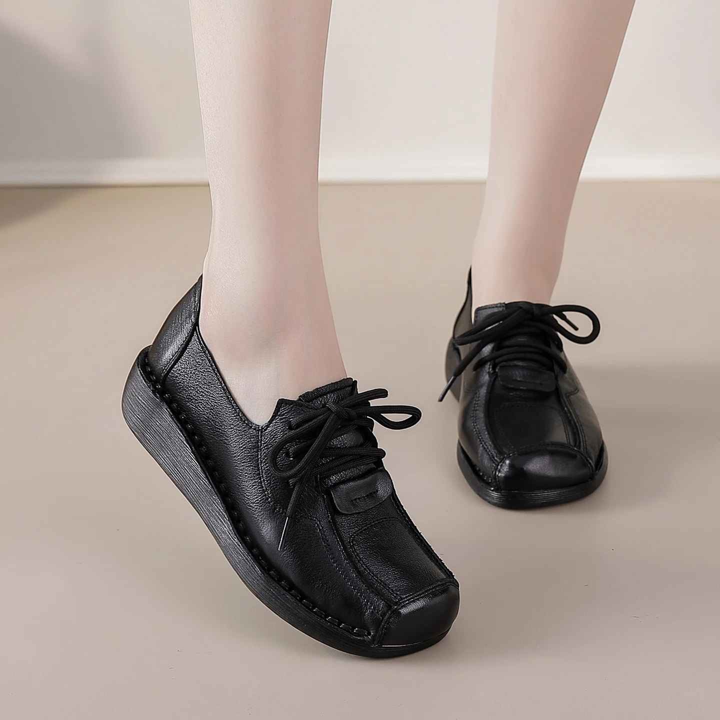 2026 spring wedged flats women lace up oxfords shoes natural leather moccasins woman luxury top quality flats lady driving shoes